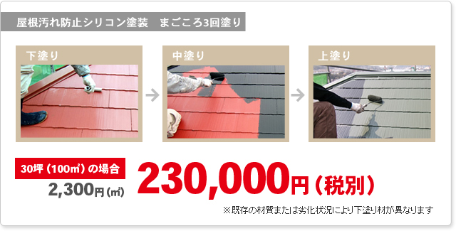 屋根汚れ防止シリコン塗装まごころ3回塗り　30坪(100㎡)の場合241,500円